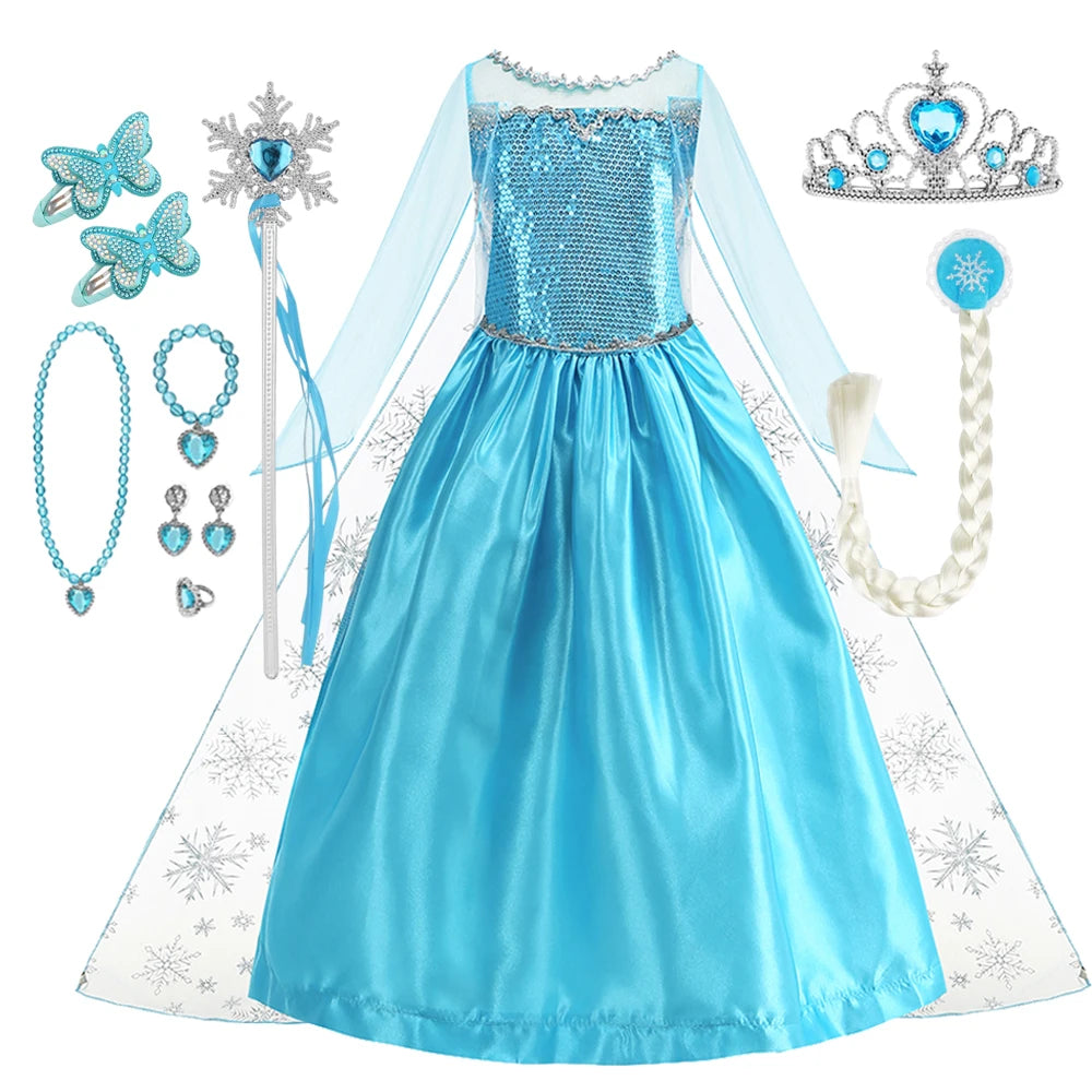 Disney Frozen Elsa Snow Queen Princess Dress Girls Costume Halloween Kids Role-play Carnival Children Birthday Party Dress