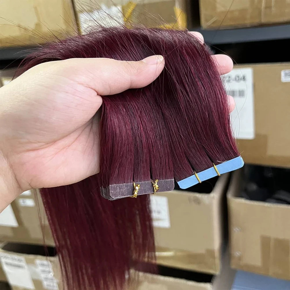 99J Invisible Tape in Human Hair Extensions Burgundy Straight Hair for Women