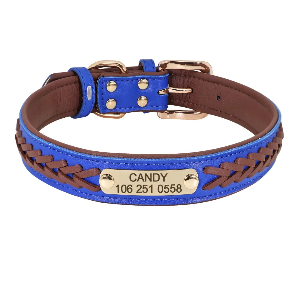 Personalized Dog Collar Leather Padded Braided Collars Free Engraving Pet ID Tag for Small Medium Large Dogs