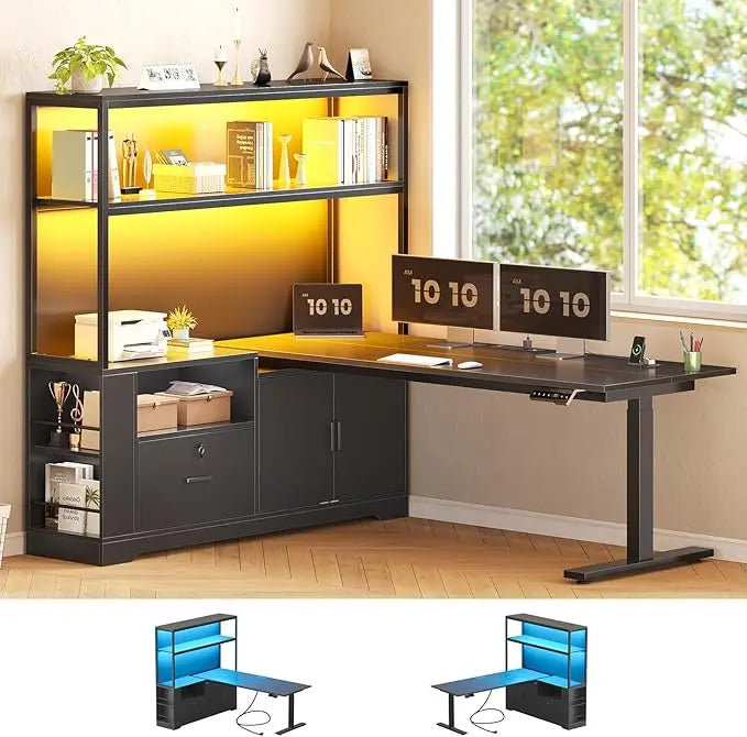 Corner L Shaped Standing Desk With Drawers Hutch LED Lights Power Outlets