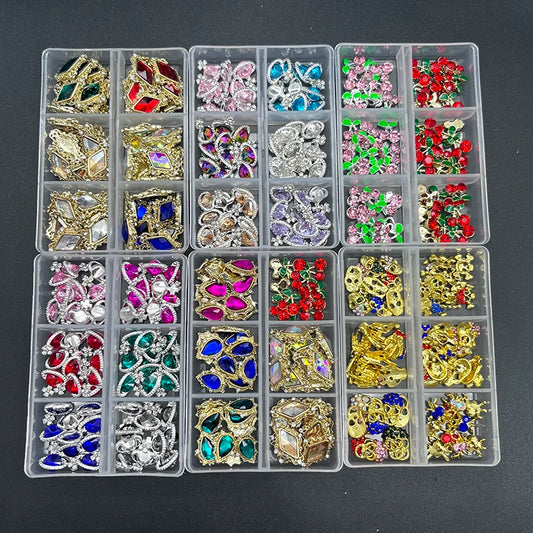 60pcs/Box Nail Rhinestones Cherry/Planet/Heart Nail Charms Jewelry Parts Gems Crystal DIY Nail Art Decorations Accessories Stone