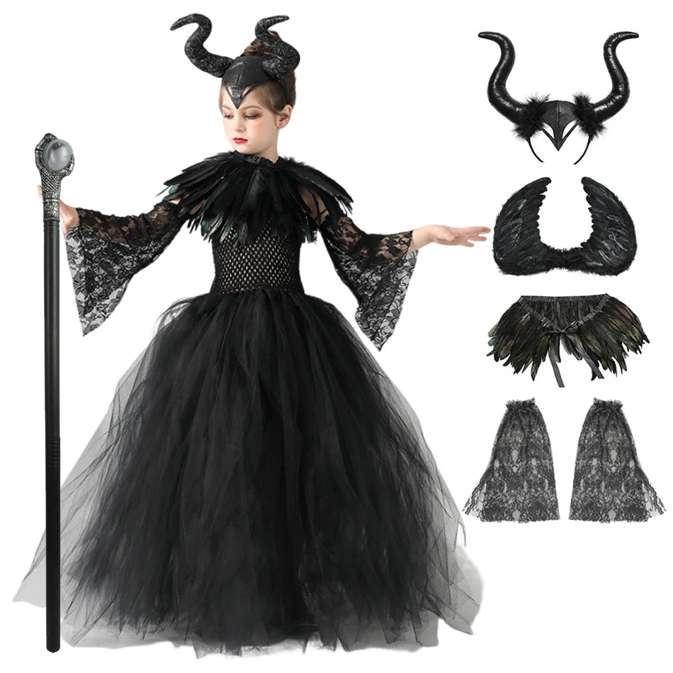 Halloween Costume Fashion Tutu Dress For Girls Cosplay Evil Queen Black Mesh Princess Dress Kids Crow Wand Demon Witch Gown
