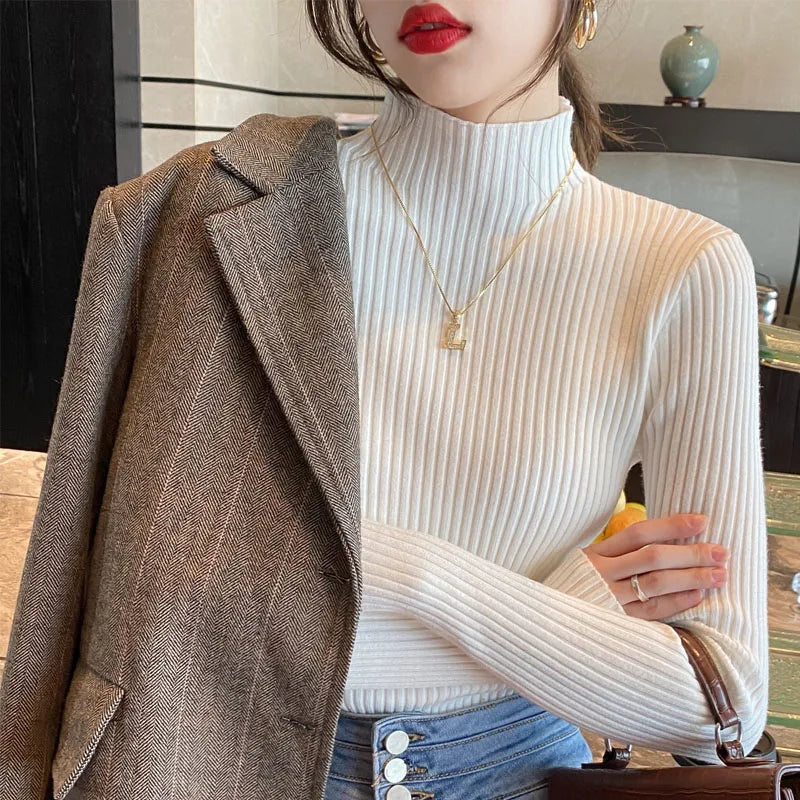 Winter Mock Neck Long Sleeve Knit Sweater For Women Slim Fit