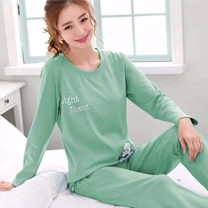 Ladies Cartoon Bear Pajama Set Long Sleeve Two Piece Soft Easy Care Sleepwear