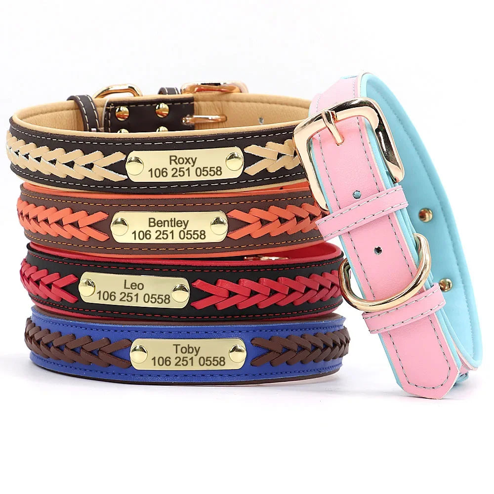Personalized Dog Collar Leather Padded Braided Collars Free Engraving Pet ID Tag for Small Medium Large Dogs