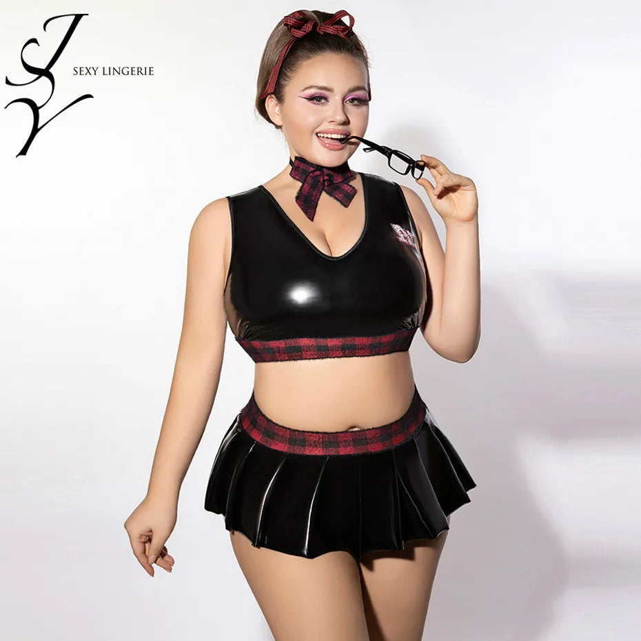 JSY Sexy School Girl Cosplay Lingerie Women Underwear Plus Size Leather Top And Skirt Nightgown Sleepwear Sexy Role Play Outfit