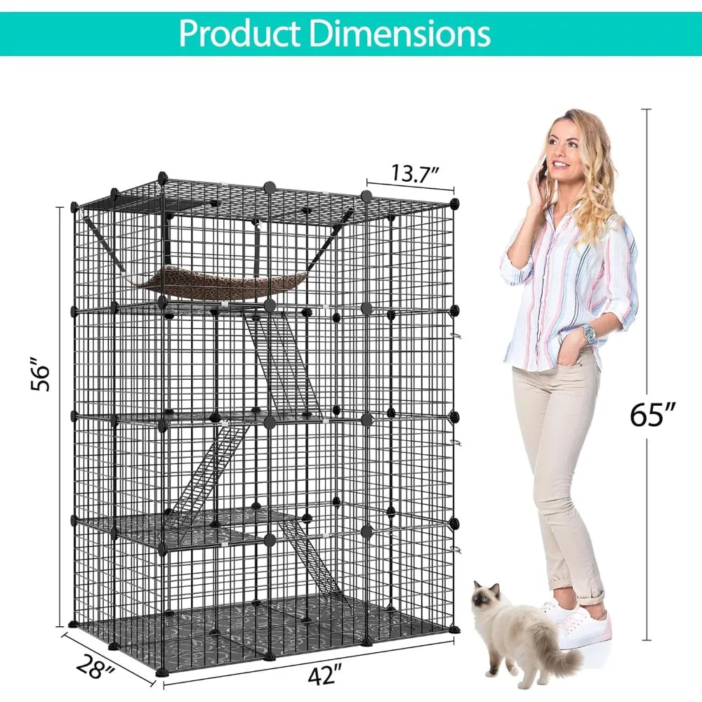 4-Tier Cat Cage Indoor Enclosure DIY Cat Playpen Metal Kennel with Extra Large Hammock, Catio Ideal for 1-3 Cats, Ferret