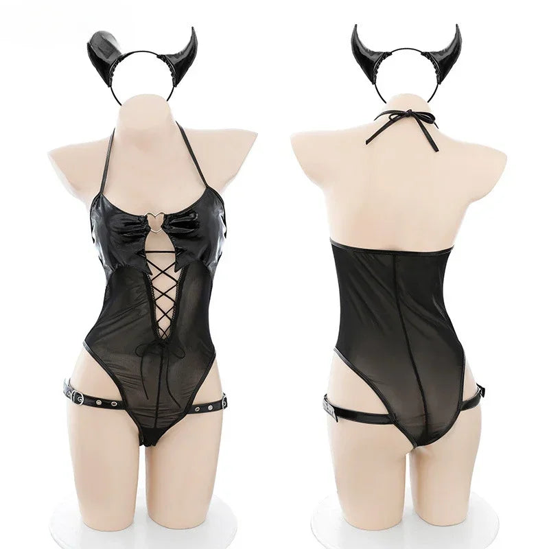 Little Devil Cosplay Uniform Sexy PU Leather Perspective Mesh Bat Lingerie Demon Women Bandage Bra Bodysuit Lolita Anime Oufits