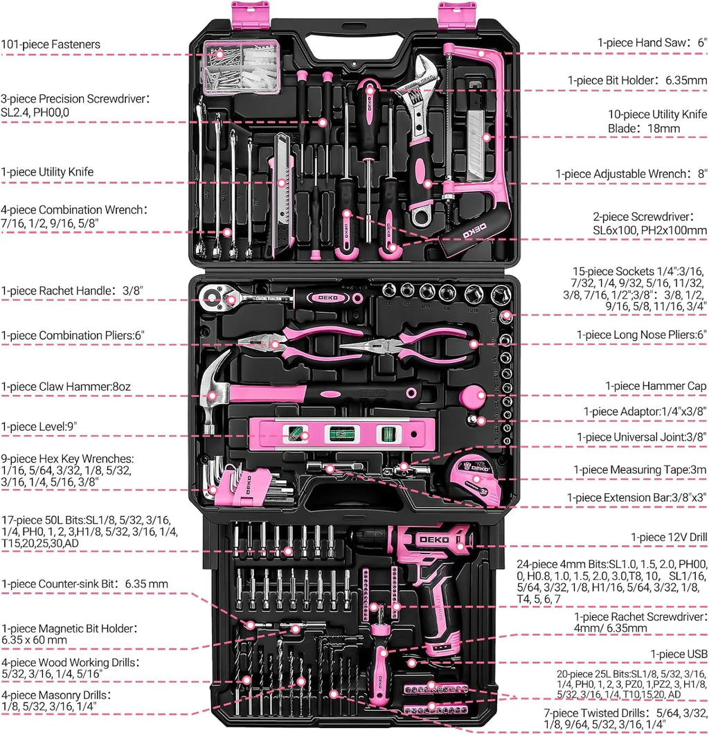 DEKO 12V Cordless Drill Home Mechanic Toolbox Set With Drawer Case