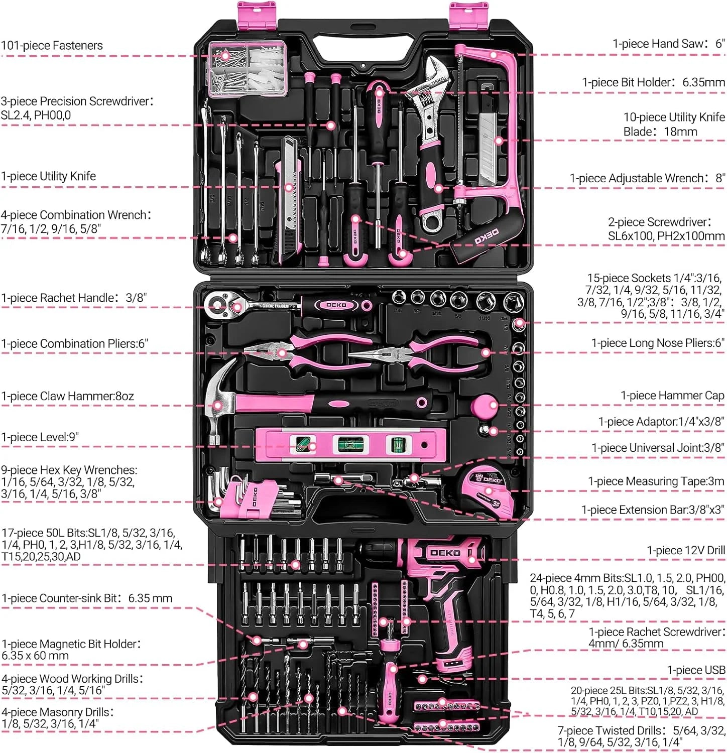 DEKO 12V Cordless Drill Home Mechanic Toolbox Set With Drawer Case