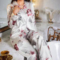 Womens Satin Color Block Floral Print Pajama Set With Long Sleeve And Pants