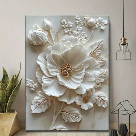 White Flower Pattern Wood Frame Canvas Murals Can Be Hung Directly Wall Mounted Decoration Suitable for HomeLiving Room