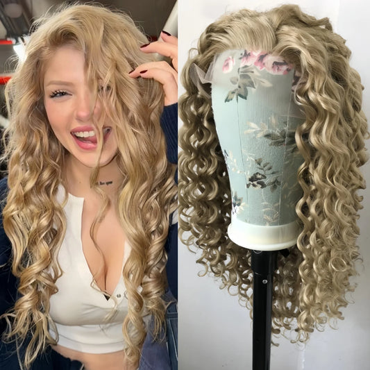 Ash Dirty Blonde Deep Curly Synthetic Lace Front Wig 13x4 Glueless Pre Plucked