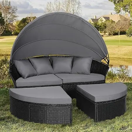 DAFIFY Outdoor Daybed Set With Retractable Canopy Wicker Rattan 5 Pieces