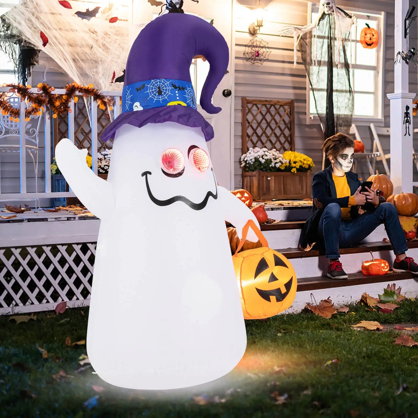 Six Foot Halloween Inflatable Ghost With Witch Hat Cute