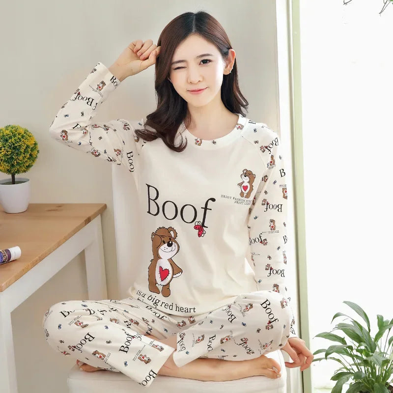 Ladies Cartoon Bear Pajama Set Long Sleeve Two Piece Soft Easy Care Sleepwear