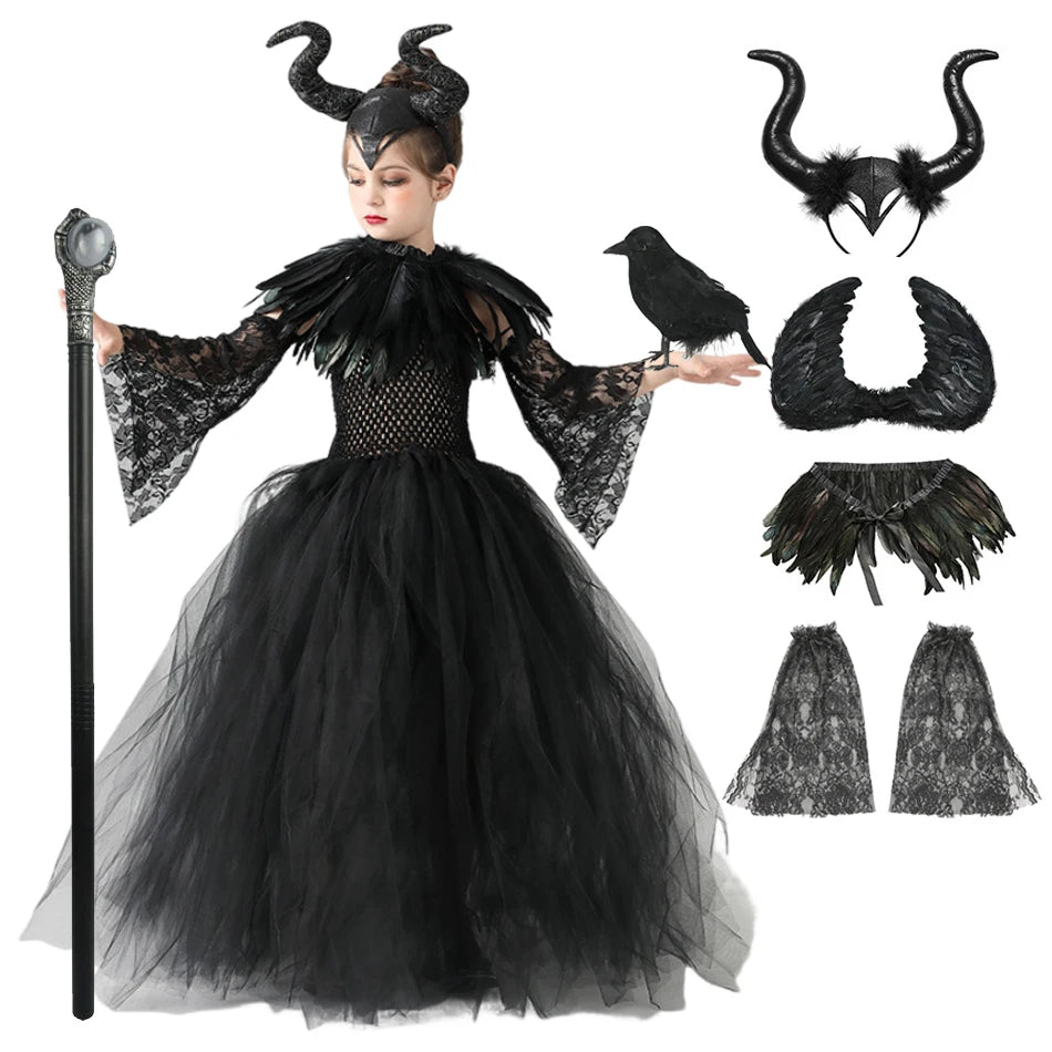 Halloween Costume Fashion Tutu Dress For Girls Cosplay Evil Queen Black Mesh Princess Dress Kids Crow Wand Demon Witch Gown