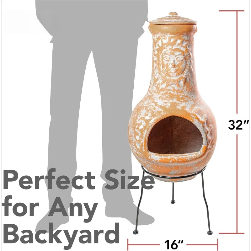Medium Outdoor Clay Chiminea With Rain Lids And Metal Stands Yellow Terracotta