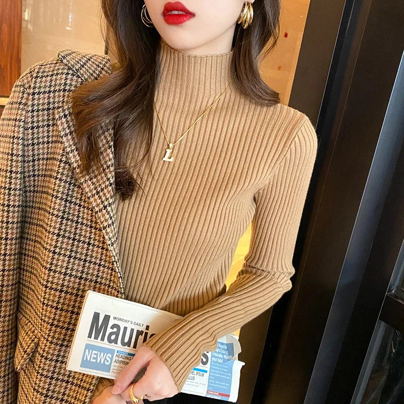 Winter Mock Neck Long Sleeve Knit Sweater For Women Slim Fit