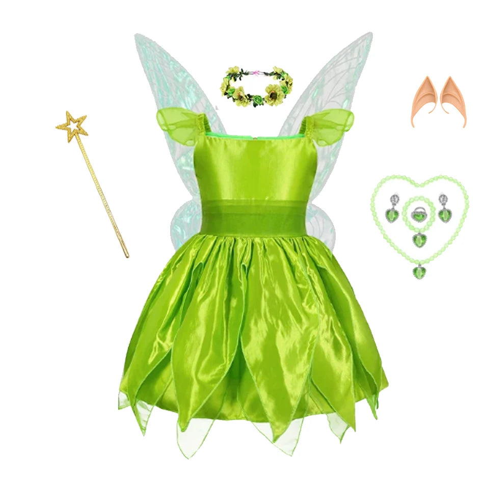 Disney Girls Tinker Bell Costume Halloween Costume for Kids Green Tinkerbell Fancy Dress Fairy Princess Cosplay Carnival Party