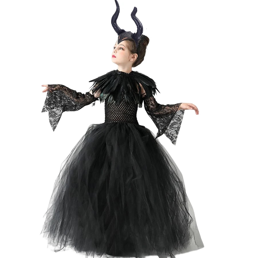 Halloween Costume Fashion Tutu Dress For Girls Cosplay Evil Queen Black Mesh Princess Dress Kids Crow Wand Demon Witch Gown