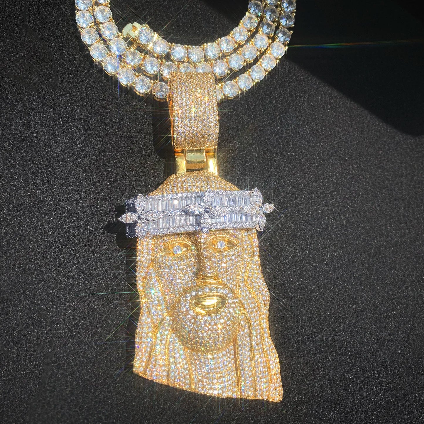 CUC Baguette Zircon Jesus Head Pendant HipHop Necklace Chain