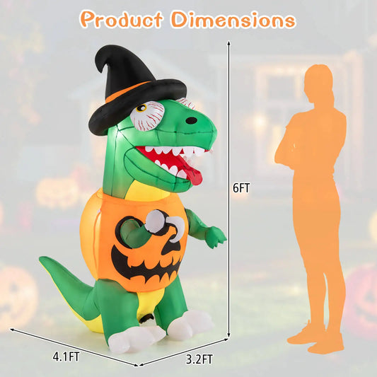 6 Ft Inflatable Pumpkin Dinosaur With LED Lights Witch Hat