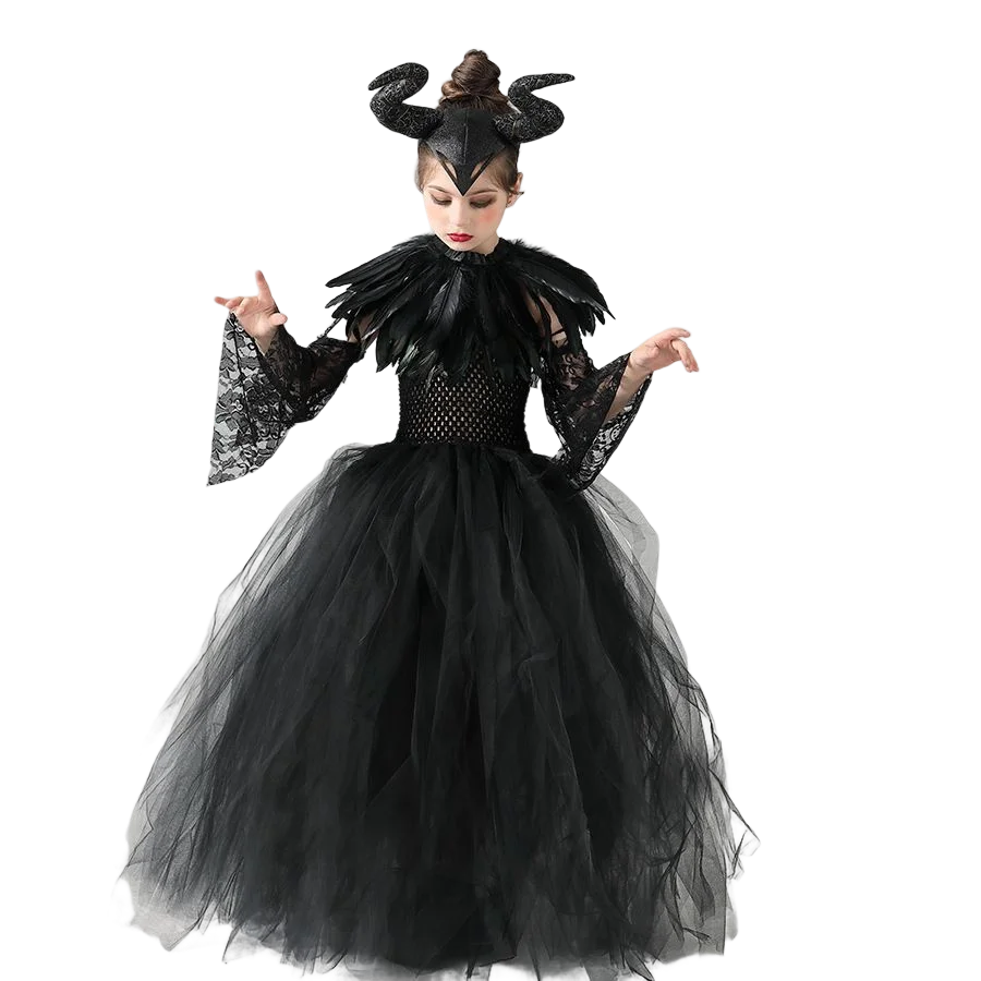 Halloween Costume Fashion Tutu Dress For Girls Cosplay Evil Queen Black Mesh Princess Dress Kids Crow Wand Demon Witch Gown