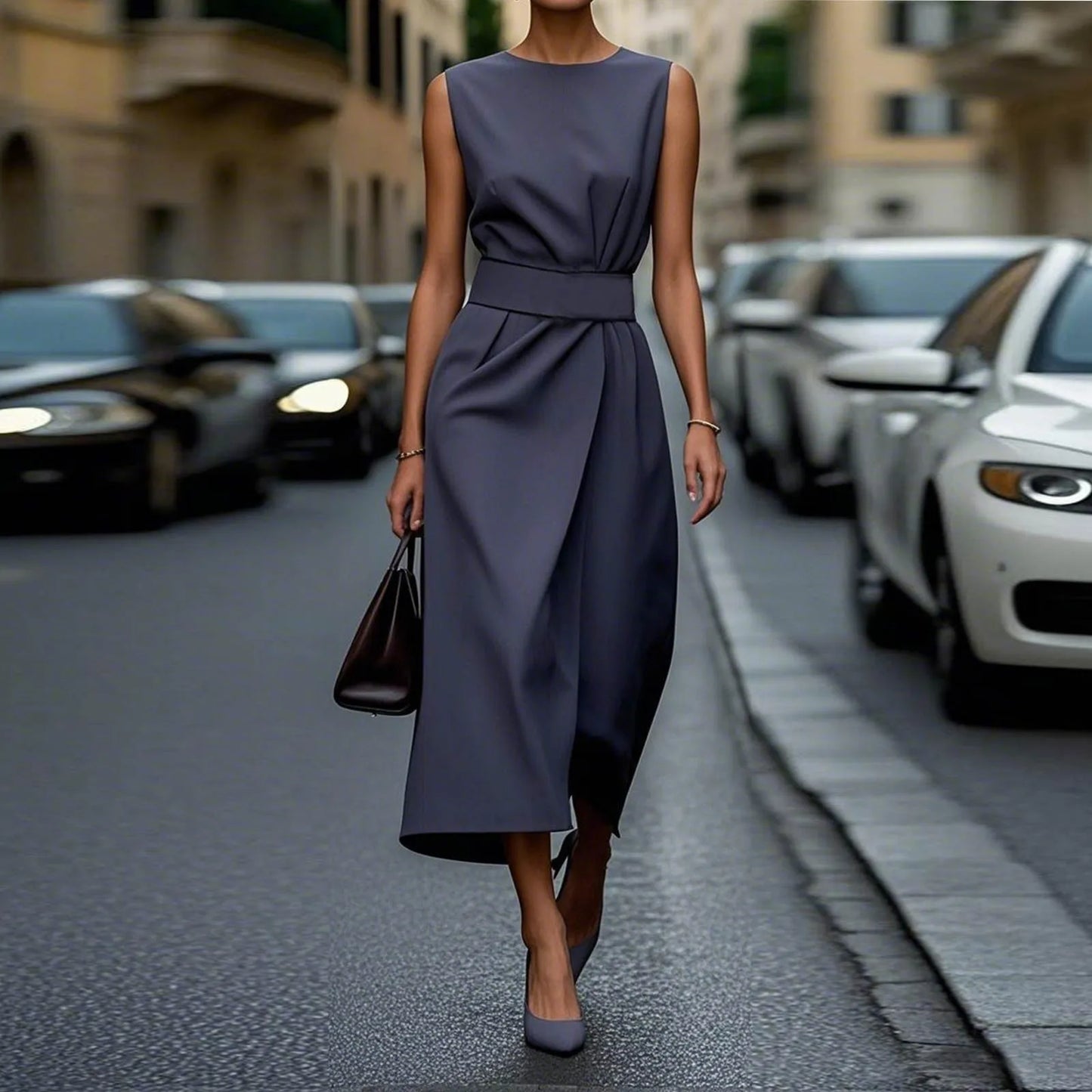 Plus Size Womens Zipper Sleeveless Round Neck Dress Belt