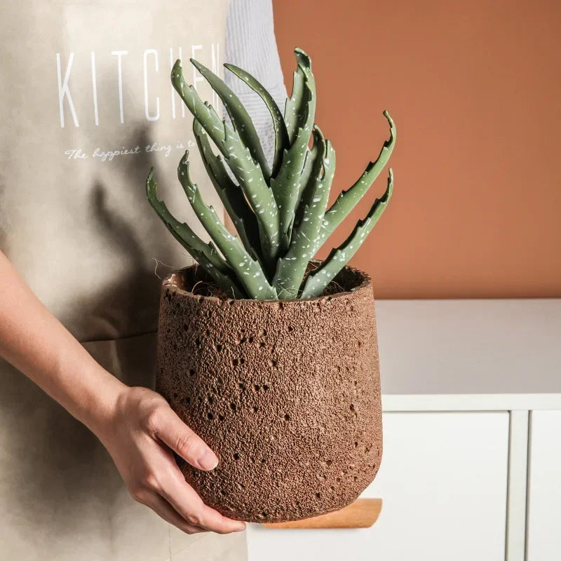 Nordic Cement Flower Pot With Tray Creative Mountain Stone Design