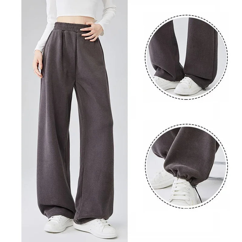 Girls High Waist Trousers Drawstring Baggy Straight Leg