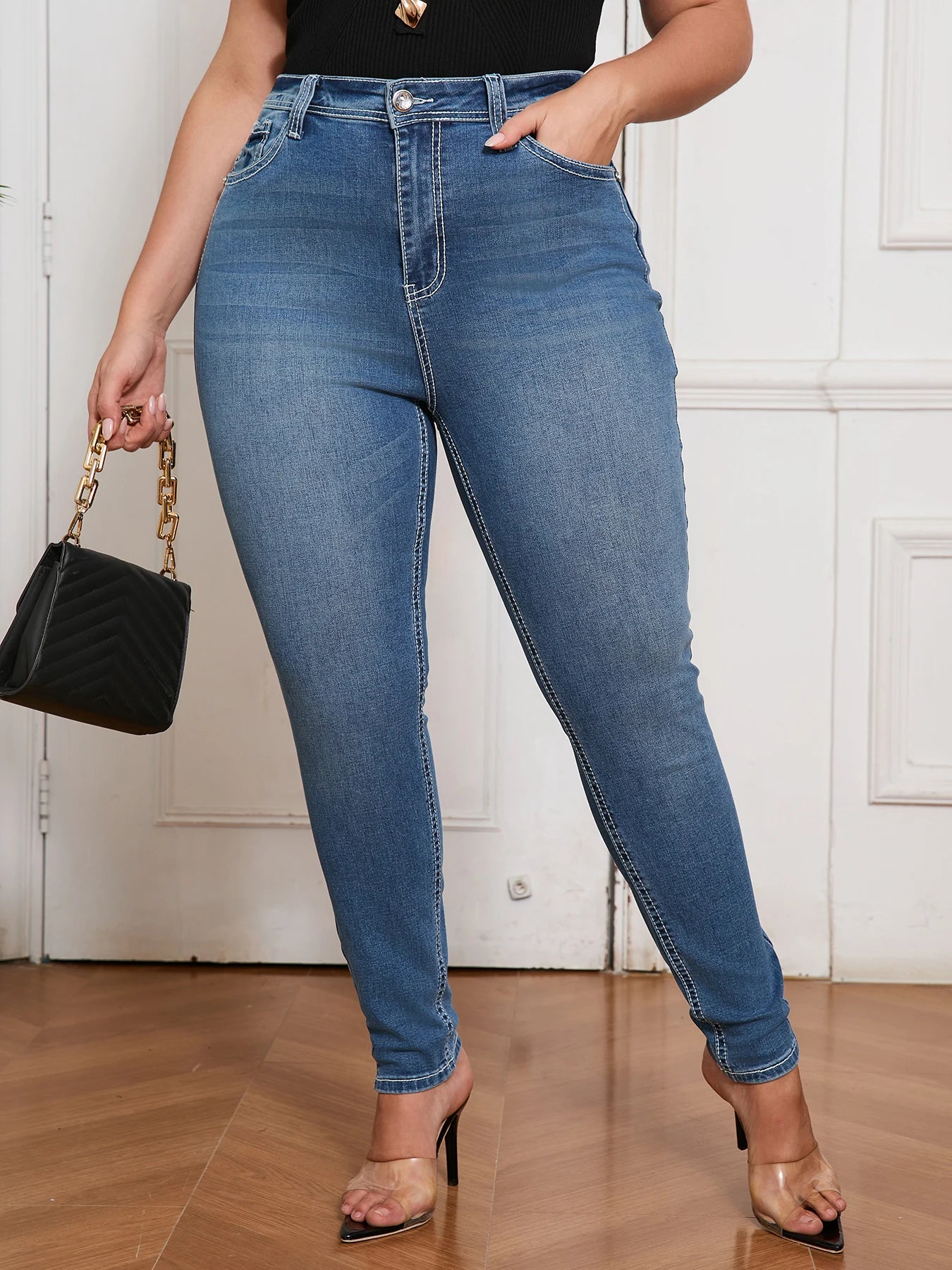 Plus Size Tummy Control Jeans Women High Rise Skinny Denim