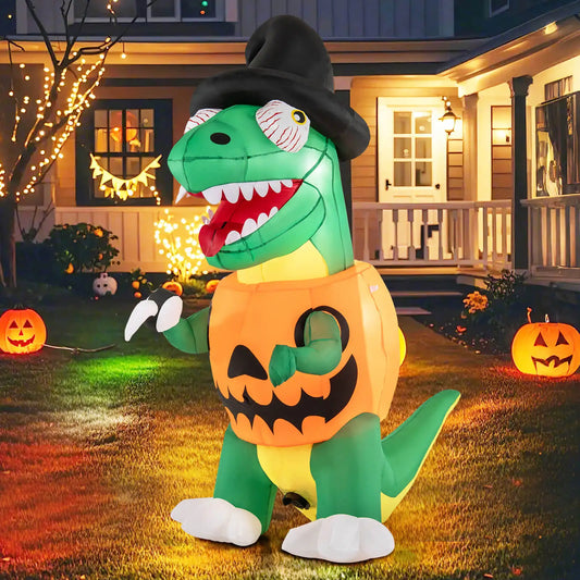 6 Ft Inflatable Pumpkin Dinosaur With LED Lights Witch Hat
