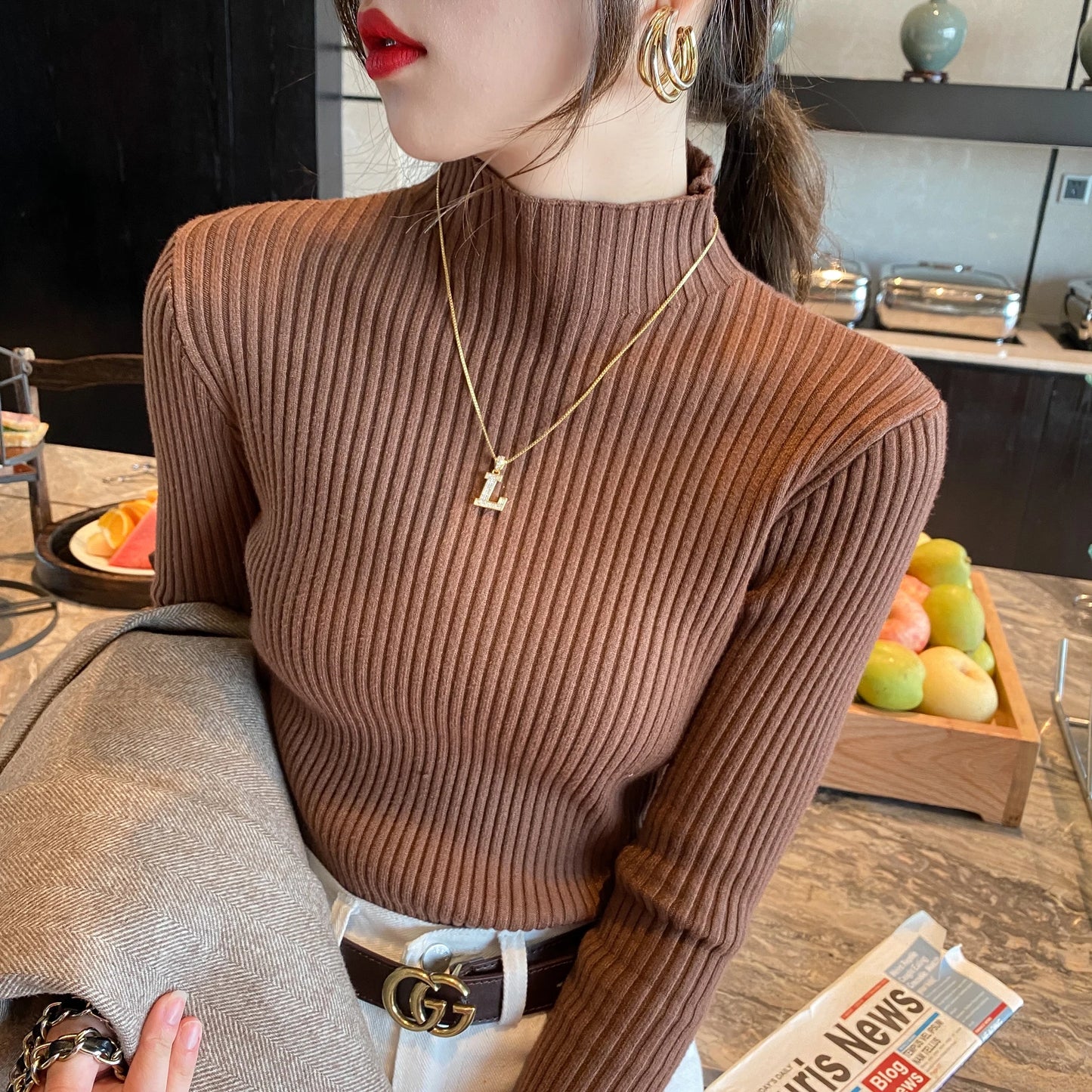 Winter Mock Neck Long Sleeve Knit Sweater For Women Slim Fit