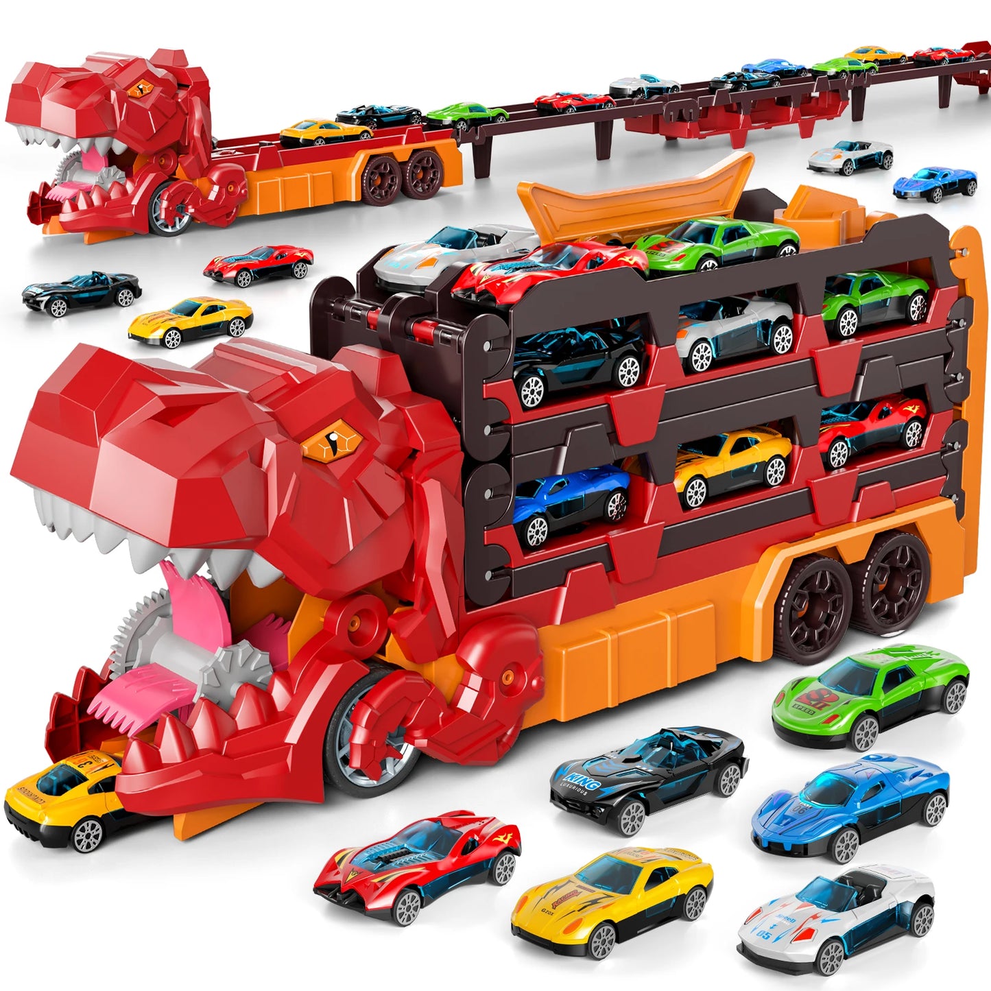 59IN Foldable Dinosaur Transport Truck with 12 Cars Gift
