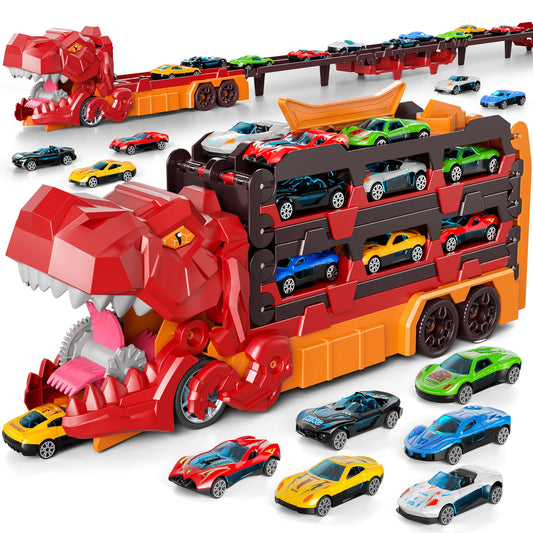 59IN Foldable Dinosaur Transport Truck with 12 Cars Gift