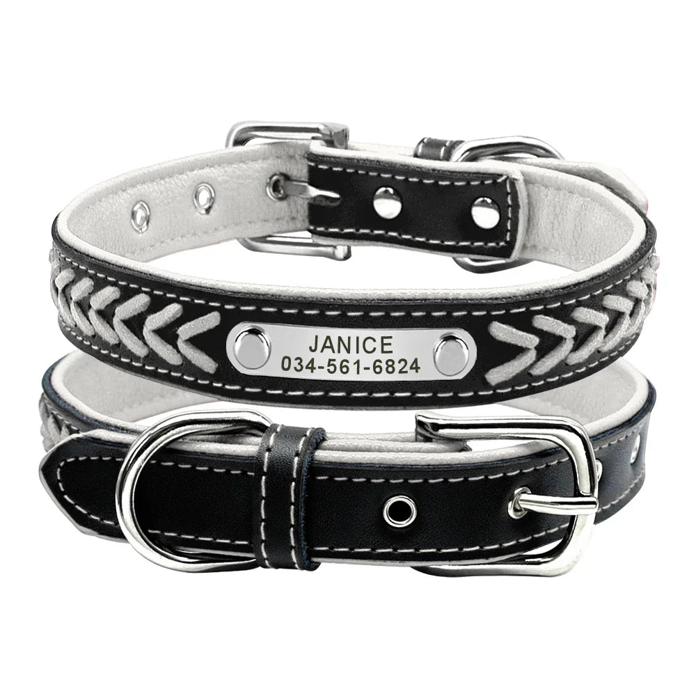 Personalized Dog Collar Leather Padded Braided Collars Free Engraving Pet ID Tag for Small Medium Large Dogs