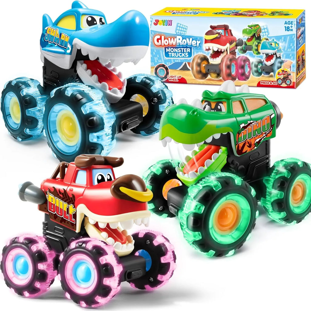 Joyfy 3 Pack Monster Truck Toys Motion Activated Light Up Press And Go Cars