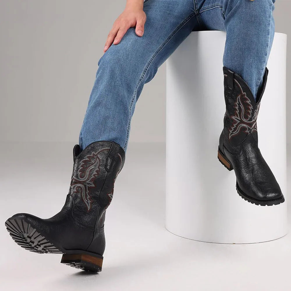 DoraTasia Plus Size 12.5 Retro Square Toe Western Boots Embroidered Pull On