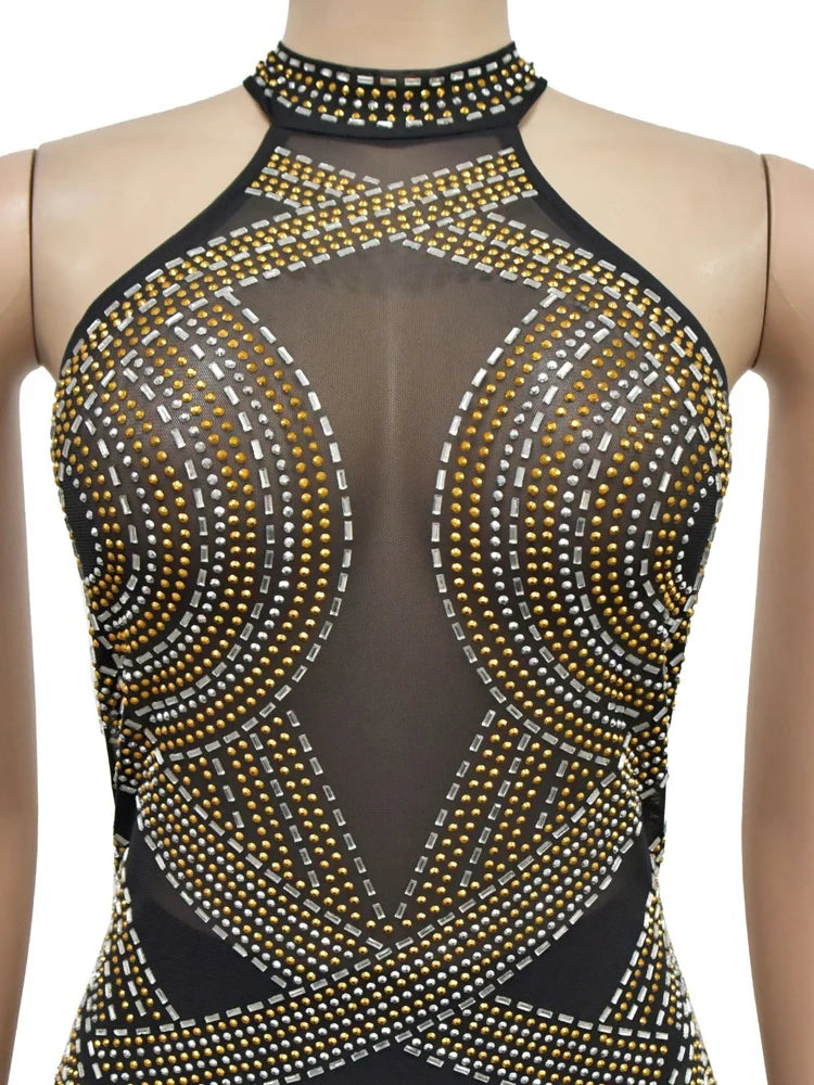 Beyprern Womens Rhinestones Maxi Dress Backless Glam Party