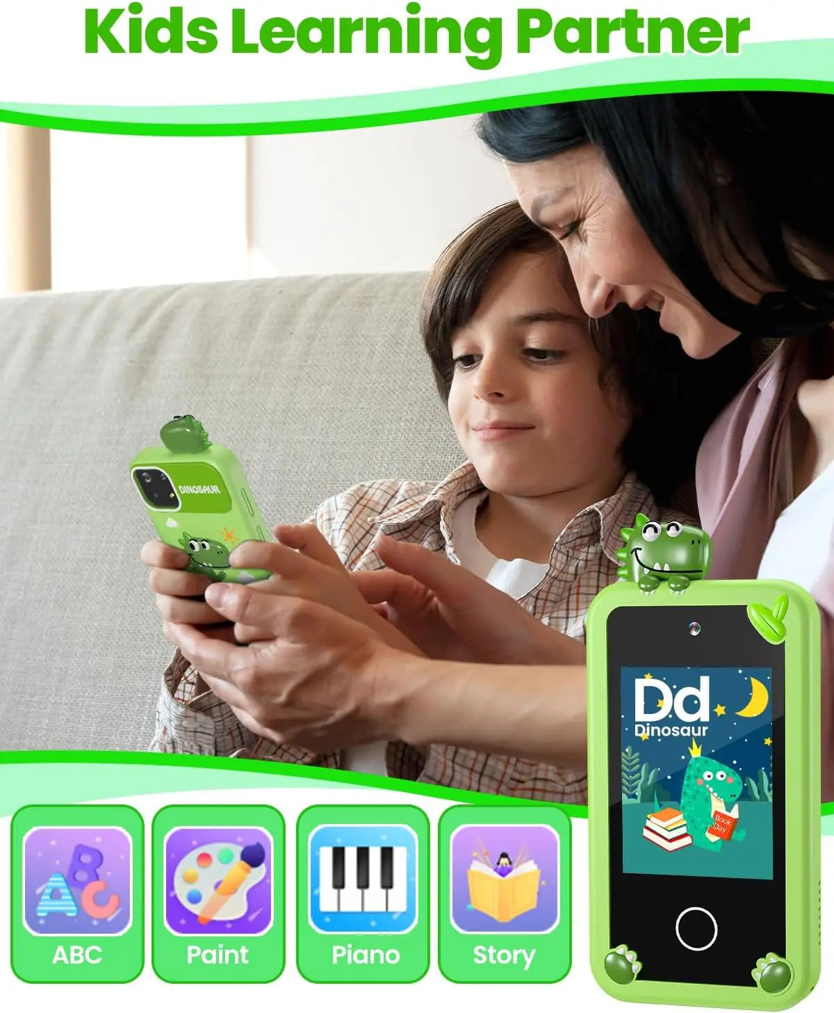 Kids Girl Smartphone with 32G Card Touch Screen Toy Green Dinosaur
