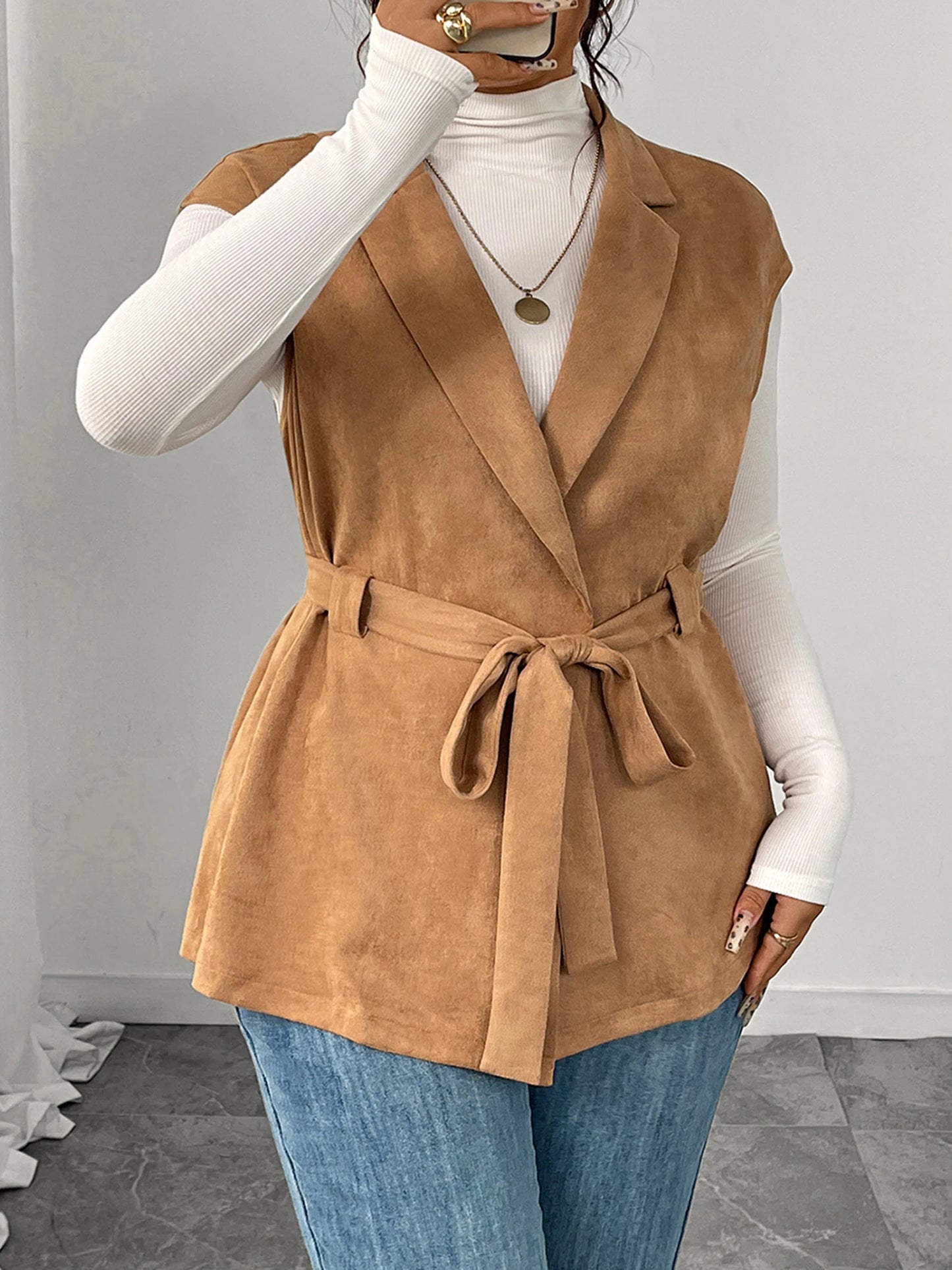 Women Plus Size Sleeveless Vest Belted Lapel Outerwear