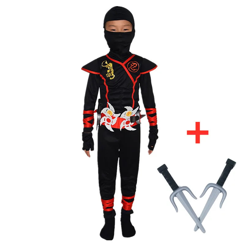 Boys Ninja Deluxe Costume for Kids with Weapon Accessories Kids Kung Fu Outfit Halloween Ideas Gifts with Bayonet Toys