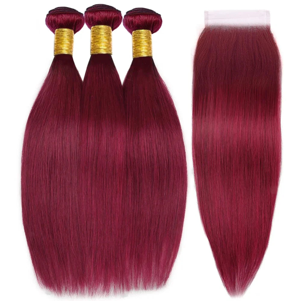 Burgundy 99J Human Hair Bundles With 4x4 Closure 12A Straight Burmese Remy Weft