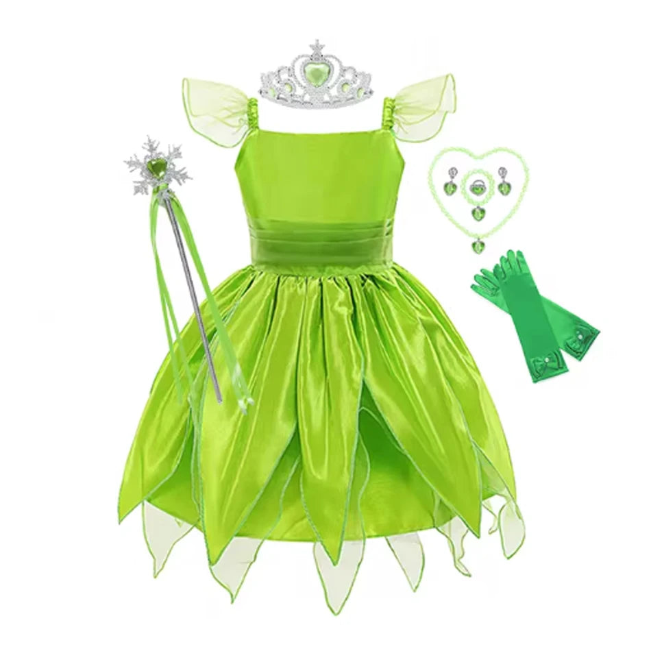 Disney Girls Tinker Bell Costume Halloween Costume for Kids Green Tinkerbell Fancy Dress Fairy Princess Cosplay Carnival Party