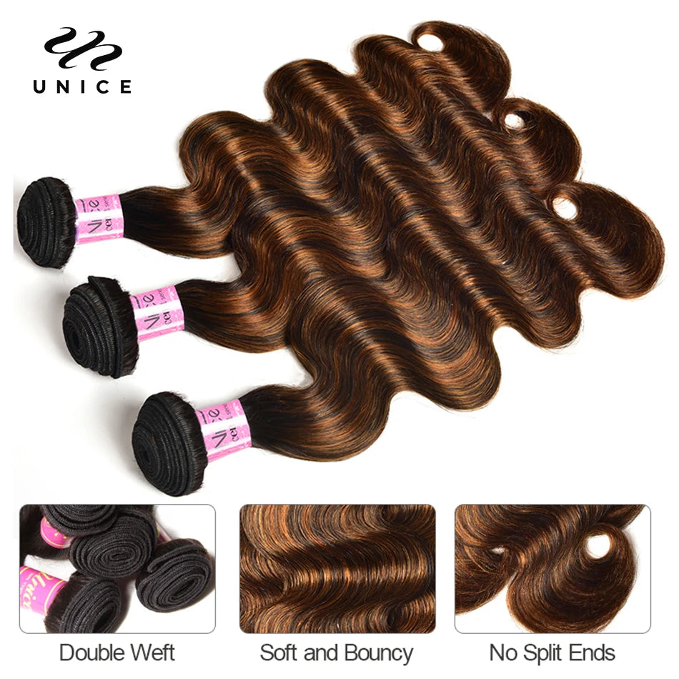 Unice Hair Balayage Body Wave Human Hair Bundles 3 Pieces With 4x4 Lace Closure 250 Density Highlight Bundles