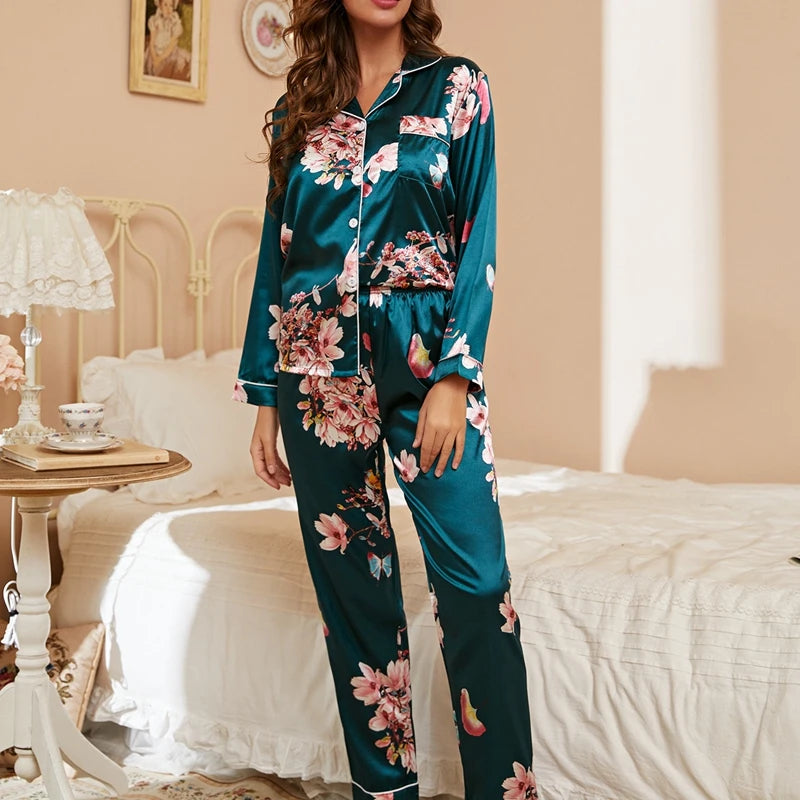 Women Satin Pajama Set Long Sleeve Button Up Nightwear Loungewear