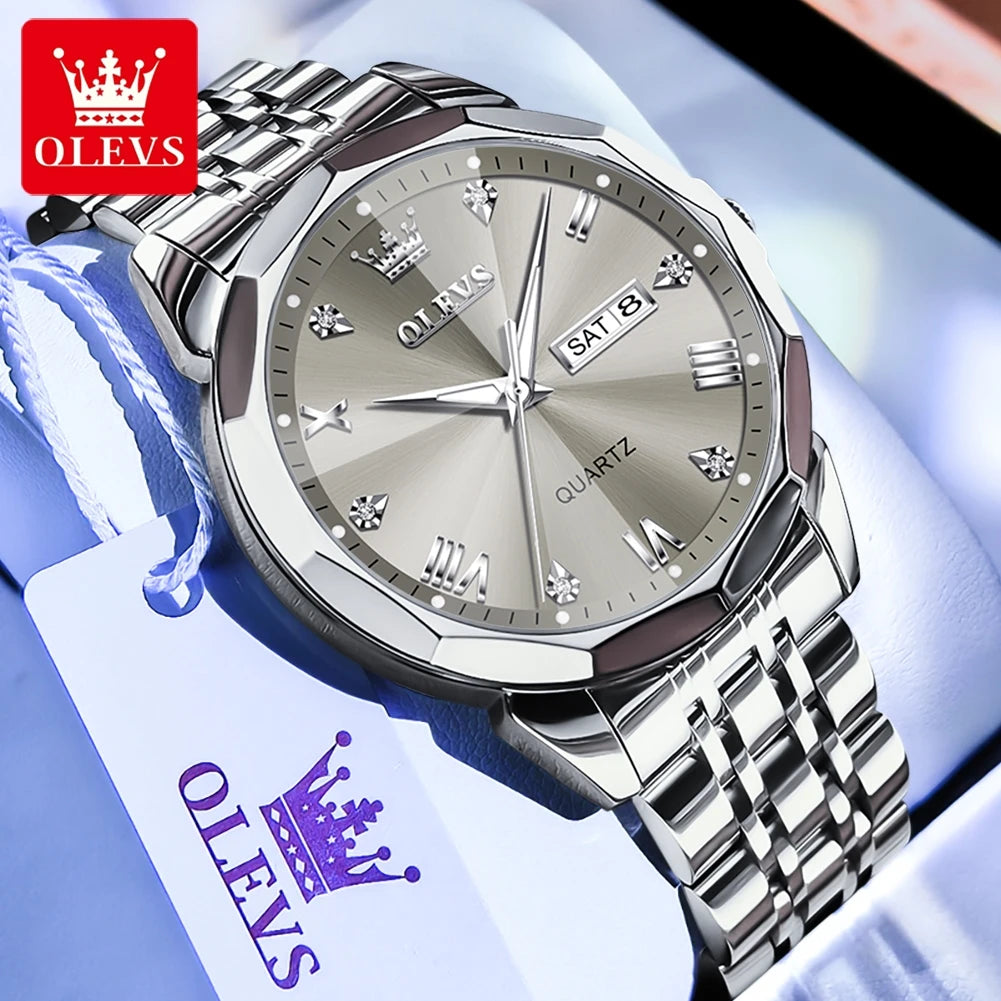 OLEVS Men's Casual Stainless Steel Quartz Watch Waterproof Luminous Date Week