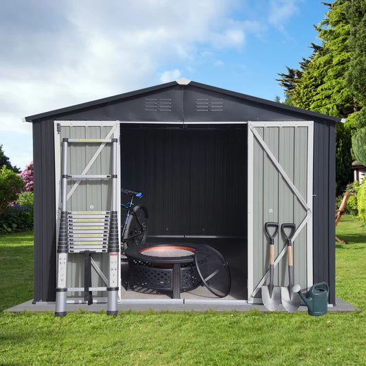 10ft x 12ft Garden Shed with Updated Frame Structure and Lockable Doors Metal Tool Storage for Backyard and Patio