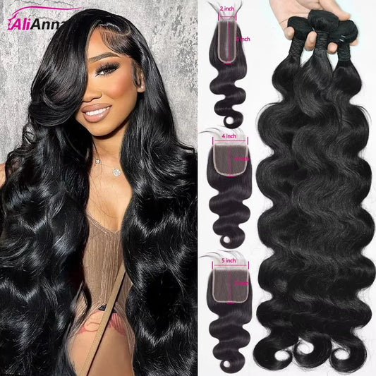 Body Wave Remy Brazilian Human Hair Bundles With HD Lace Closure 2x6 4x4